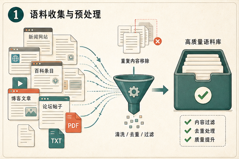 大量互联网文档经过过滤与去重后汇聚为训练语料库