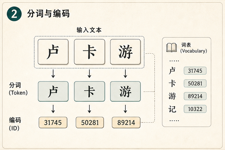 输入序列卢卡游被切分为 token 并映射为数字 ID